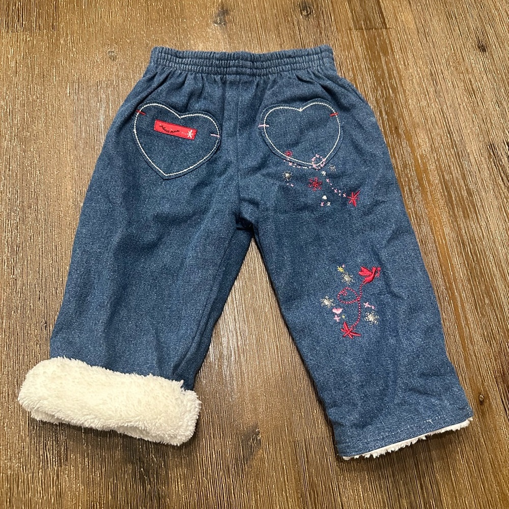 3/27$ Baby Fleece Lined Denim Jeans with Embroidery size 3 months - Picture 1 of 6